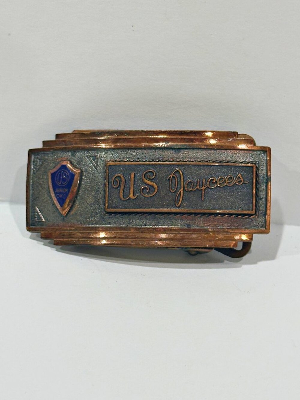 Vintage Jenkins Brass Belt Buckle with Gold Tone Accents US Jaycees 1930s